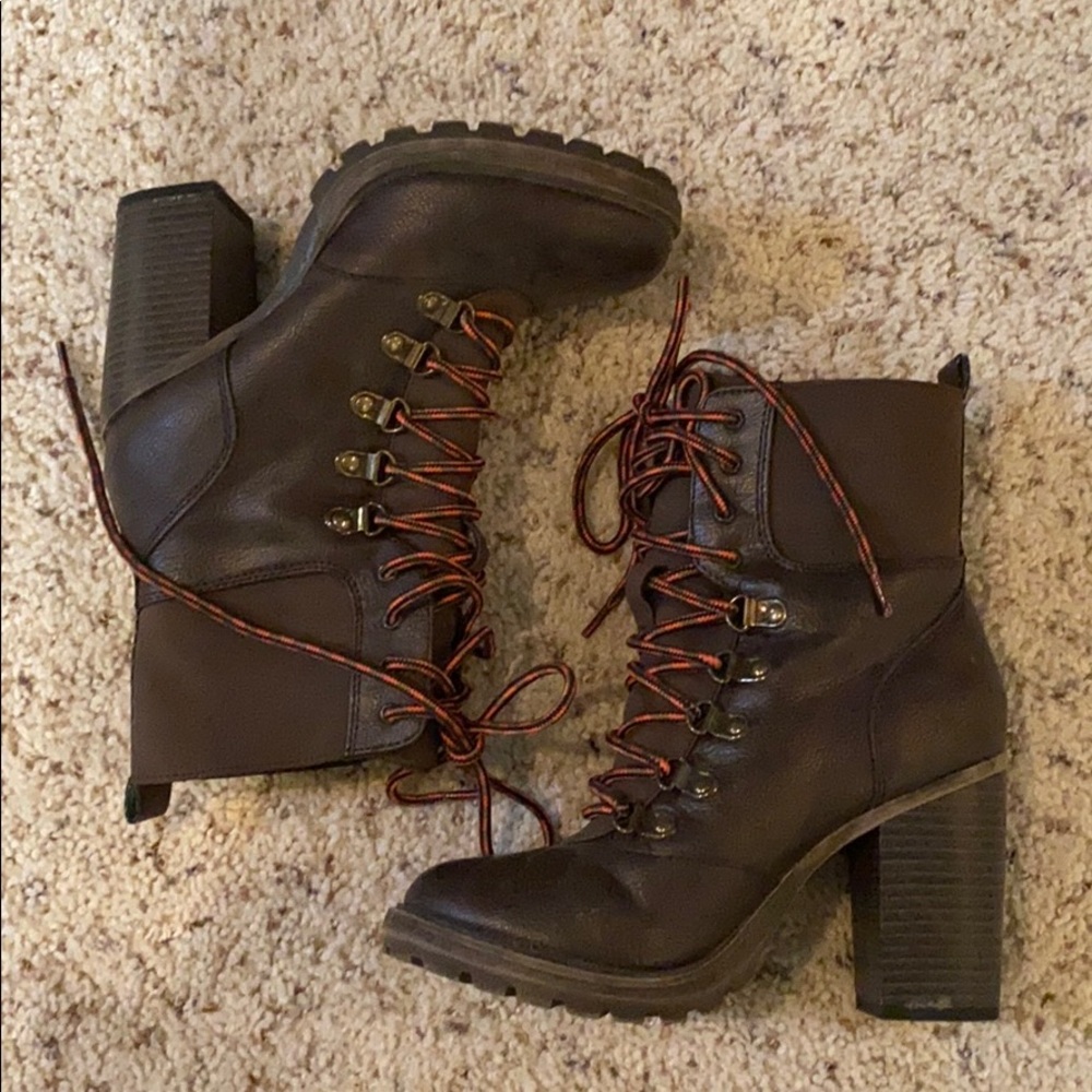 Brown heeled combat boots